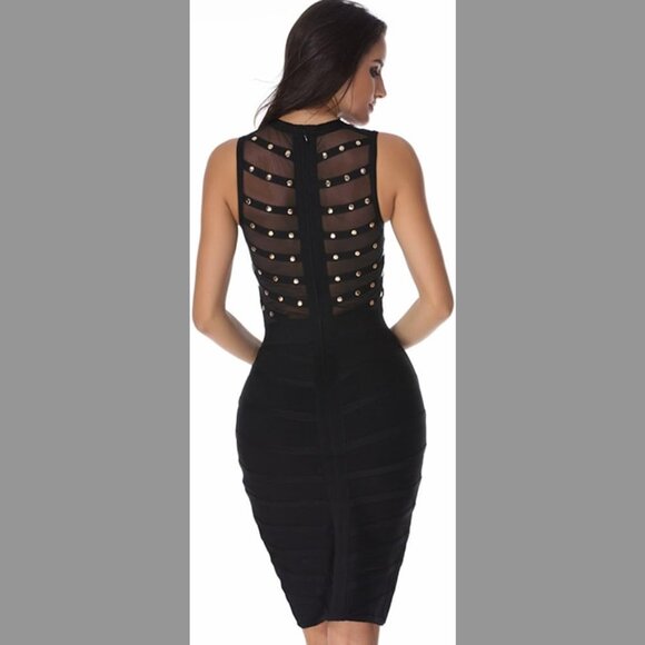 NWT Black Bandage Bodycon Sheer Mesh Mini Dress with Gold Studs - Picture 6 of 11
